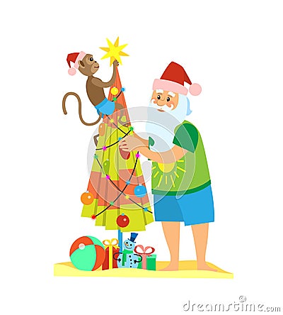 Santa Claus and Monkey Decorating Umbrella Vector Vector Illustration