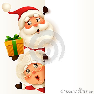 Santa Claus and Mrs.Claus with big blank signboard Vector Illustration