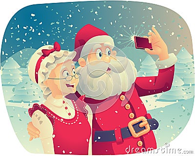 Santa Claus and Mrs. Claus Taking a Photo Together Vector Illustration