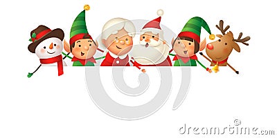 Santa Claus, Mrs Claus, Elves, Snowman and Reindeer on top of board peeking and celebrate Christmas - isolated and grouped element Vector Illustration