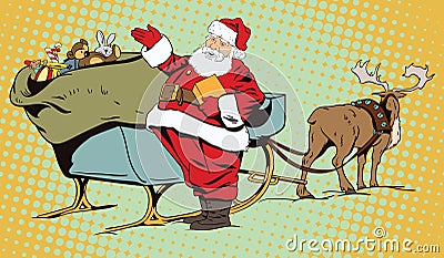 Santa Claus near magical sleigh. Vector Illustration