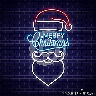 Santa Claus neon sign. Merry Christmas neon banner with vintage xmas Vector Illustration