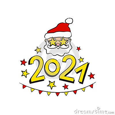 Santa Claus and and numbers 2021. Cheerful logo cute Christmass Vector Illustration