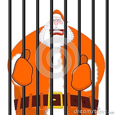 Santa Claus orange prisoner clothing. Christmas in prison. Window in prison with bars. Bad Santa criminal. New year is canceled. Vector Illustration