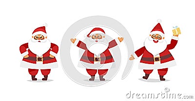 Santa claus paper cut icons set, funny christmas character. Papa Noel is dancing with a gift, an angry and cheerful Vector Illustration