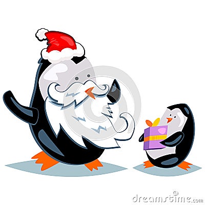 Santa Claus Penguin gives gift. Vector cartoon character Vector Illustration