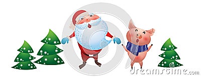 Santa claus, Piggy new year symbol on white background Vector Illustration
