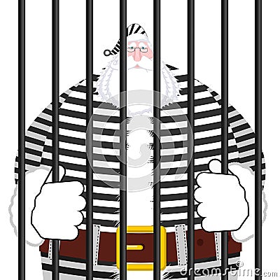 Santa Claus prison in striped robe. Window in prison with bars. Vector Illustration