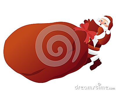 Santa Claus pulls a heavy big red bag with gifts for kids. Vector illustration Cartoon Illustration