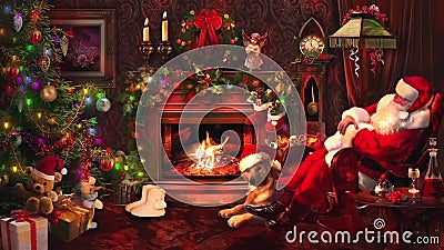 Santa Claus que descansa por la chimenea en el cuarto adornado con las guirnaldas con el árbol de navidad libre illustration Santa Claus que descansa por la chimenea en el cuarto adornado con las guirnaldas con el árbol de navidad libre illustration