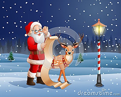 Santa Claus reading a long list of gifts Vector Illustration