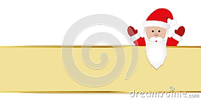 Santa Claus in red clothes beckons gold banner Vector Illustration