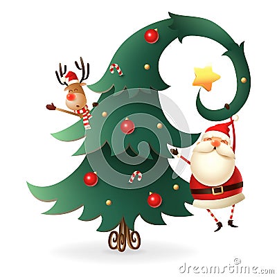 Santa Claus and Reindeer around the Christmas tree on transparent background. Scandinavian gnomes style. Vector Illustration