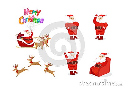 Santa Claus and reindeer, cartoon characters animation, posture Vector Illustration