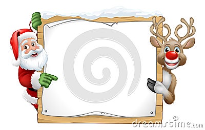 Santa Claus and Reindeer Christmas Sign Cartoon Vector Illustration