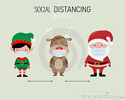 Santa Claus reindeer and elf with masks and social distancing Vector Illustration