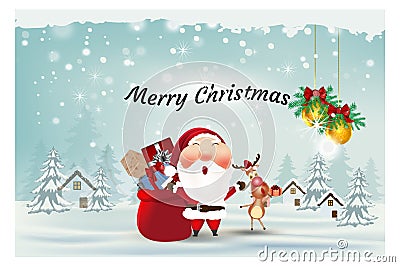 Santa claus,Reindeer,with Gift Box, Ornament merry christmas and Happy New Year,Winter background greeting card Vector Illustration