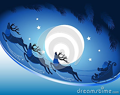 Santa Claus with reindeer in the night sky in the Christmas night. Vector Illustration