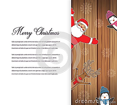 Santa Claus with Reindeer and Penguins. Cartoon character. Christmas card. Merry Christmas title written in blank space Vector Illustration