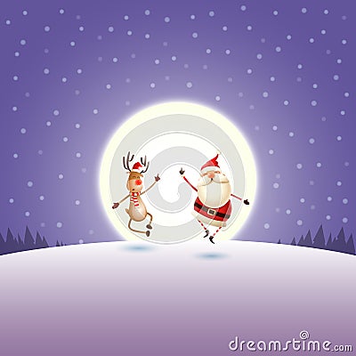 Santa Claus and Reindeer on purple night moonlight winter landscape - greeting card Vector Illustration