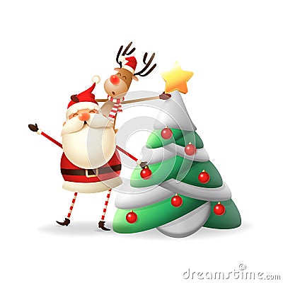 Santa Claus and Reindeer put star on the top of Christmas tree - Reindeer on SantaÂ´s beck - isolated Vector Illustration