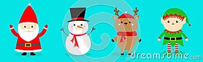 Santa Claus Reindeer Snowman Elf Deer line set. Merry Christmas. Happy New Year. Red green black hat, scarf. Cute cartoon funny Vector Illustration