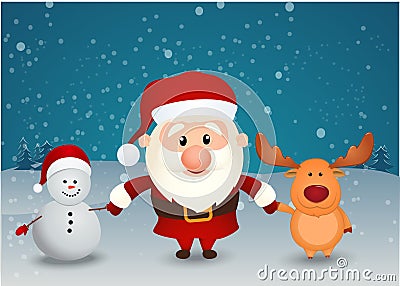 Santa claus reindeer and snowman holding hands Vector Illustration