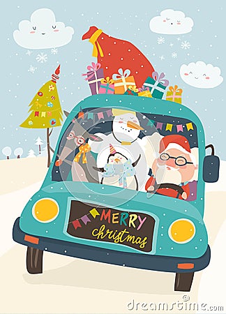 Santa Claus with reindeer, snowman and penguin in yellow car Vector Illustration
