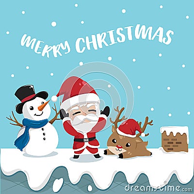 Friendship Santa claus reindeer and snowman on roof top Vector Illustration