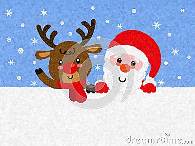 Santa Claus and Reindeers cute with fluffy snow wall in blue sky snowflakes design with fur and feather brush. Winter gift card Stock Photo