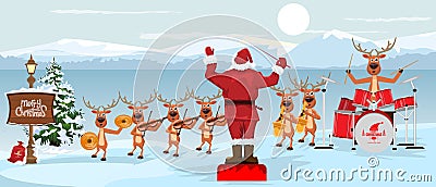 Santa Claus and reindeers with musical instruments New year christmas Orchestra concert on winter landscape scenery Vector Illustration