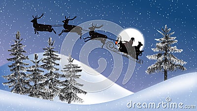 Santa claus with reindeers and sleigh, moon, trees and snowfall Stock Photo