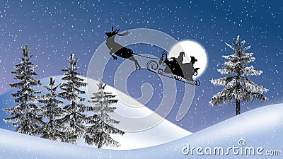 Santa claus with reindeers and sleigh, moon, trees and snowfall Stock Photo