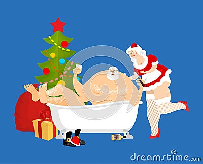 Santa Claus relaxes in bath. New Year and Christmas vector illus Vector Illustration