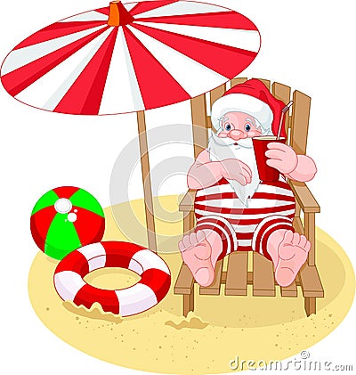 Santa Claus relaxing on the beach Vector Illustration