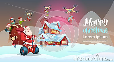 Santa Claus Ride Electric Segway Scooter, Elf Flying Drone Present Delivery Christmas Holiday New Year Vector Illustration