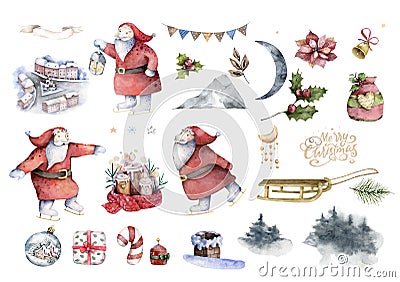 Santa Claus ride on reindeer, sleigh, run with bag, give gift box, fall down the chimney, hold Christmas tree character Stock Photo