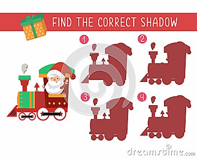 Santa Claus rides the Christmas train. Find the correct shadow. Game for children. Activity, color vector illustration Vector Illustration