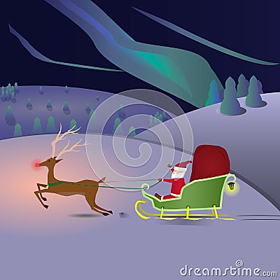 Santa Claus rides the North Pole on a sleigh with his deer, carries gifts to children. Vector Illustration