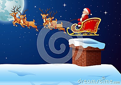 Santa Claus rides reindeer sleigh against a full moon background Vector Illustration