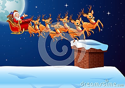 Santa Claus rides reindeer sleigh flying in the sky Vector Illustration