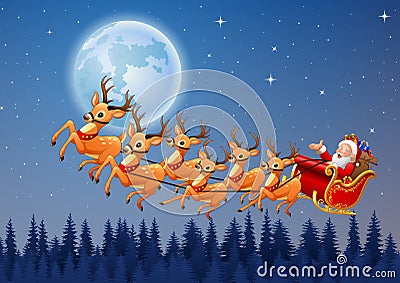 Santa Claus rides reindeer sleigh flying in the sky Vector Illustration