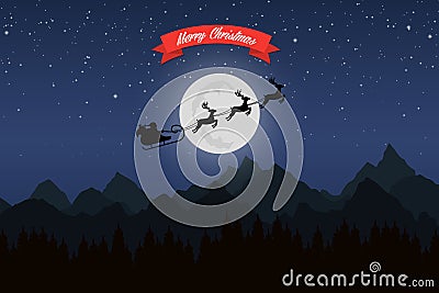 Santa Claus rides in a sleigh with their reindeer through the night mountains Vector Illustration