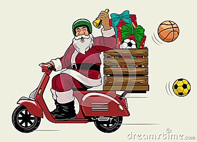 Santa Claus Riding Classic Old Scooter Delivering Christmas Presents Vector Illustration