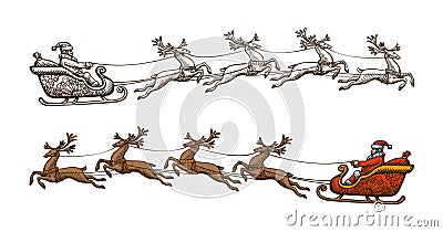 Santa Claus is riding in a sleigh. Christmas, celebration concept. Sketch vintage vector illustration Vector Illustration