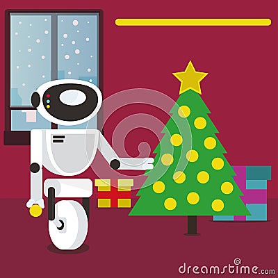 Santa Claus Robot decorating Christmas tree at home. Cartoon Illustration