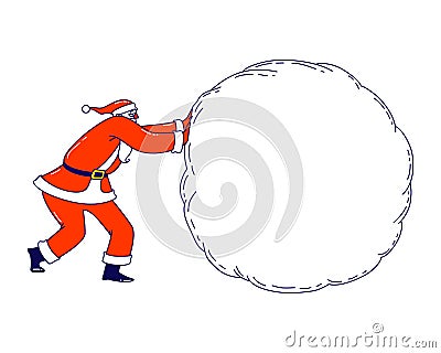 Santa Claus Rolling Huge Snowball Mockup with Copy Space. Christmas Character in Red Festive Costume with Empty Mock Up Vector Illustration