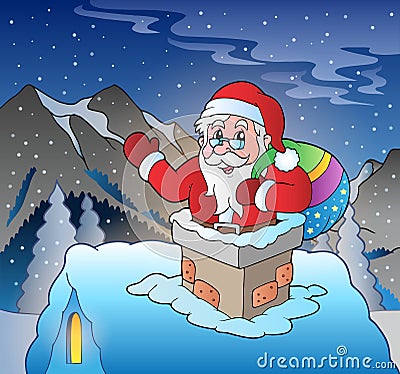 Santa Claus on roof in mountain Vector Illustration