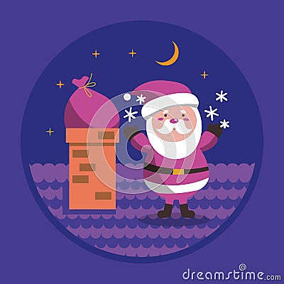 Santa Claus on the rooftop and chimney at the Christmas night with moon and snowflake EPS Vector Illustration