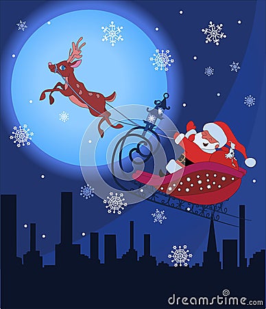 Santa Claus and Rudolf in Christmas night Vector Illustration